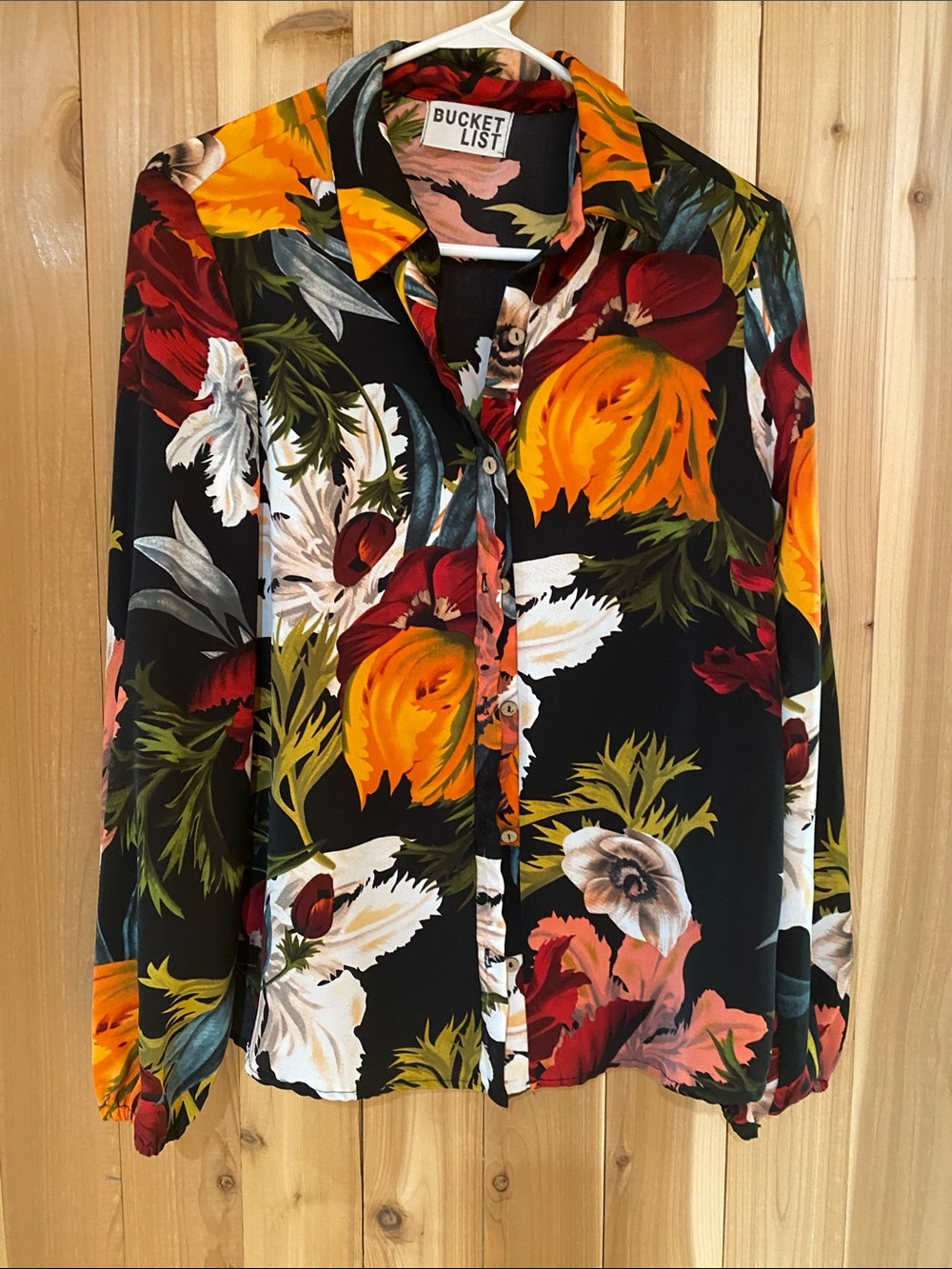 BUCKETLIST Black Floral Button-Up Blouse with Orange & Red Accents